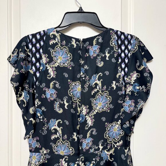 New Rebecca Taylor Ruffle Sleeve Paisley Silk Blend A-line Dress Black Combo 4 - Picture 10 of 14